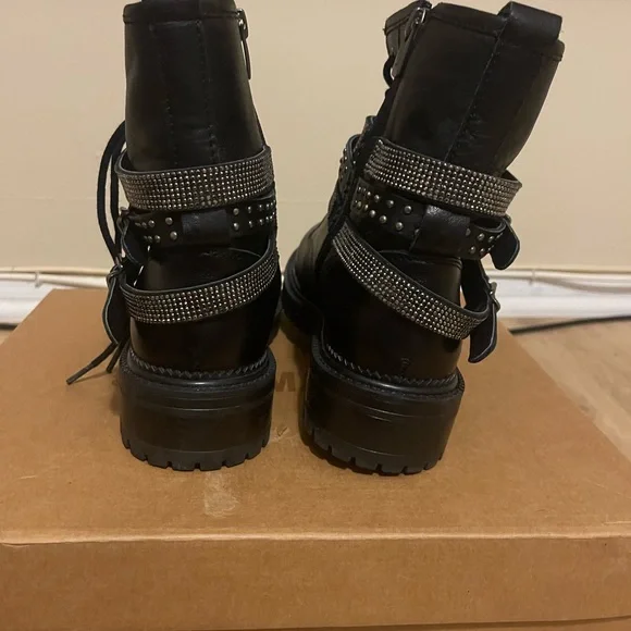 Steve Madden Black Combat Boots with zipper/lace-up with rhinestones. - Picture 4 of 15